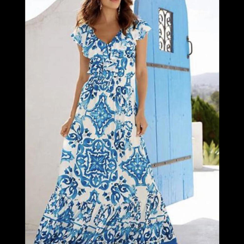 Alexia Admor - blue and white tile print maxi dress, size S